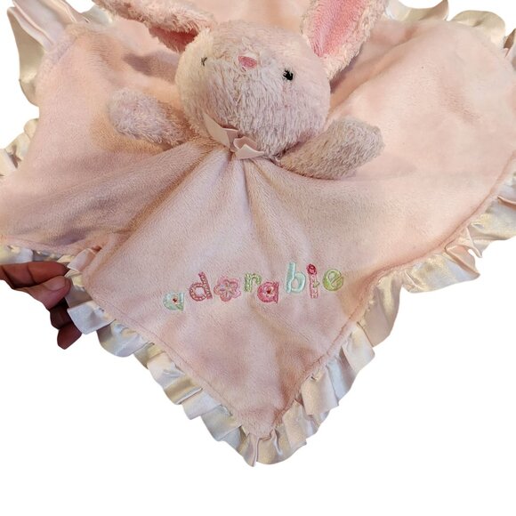 Pink Bunny Plush Baby Security Blanket W/ Satin Trim & "Adorable" Embroidery - Picture 2 of 3